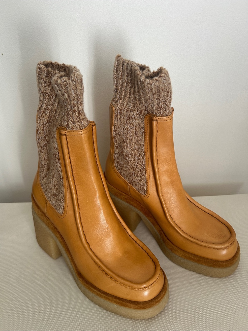 Chloe Tan Leather Platform Sock Boots with Knit Ankle